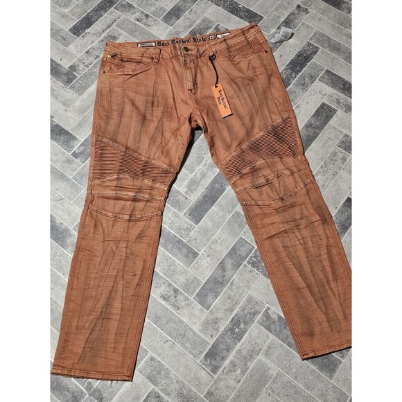 New Rock Revival Men's Distressed Denim Biker Moto Jeans "Ivan" Orange 42x32 - Picture 1 of 13